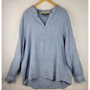 Perry Ellis 2XL Mens Shirt 100% Linen Long-sleeve V Neck Blue Top Casual Beachy